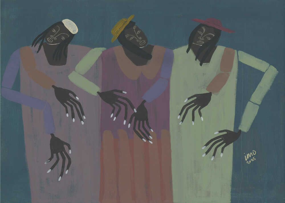 Studio Imo 'My People' art print, horizontal modern folk portrait of three figures in muted plum and green tones against a dark blue background.
