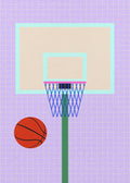 A minimalist graphic art print titled New York Basketball, referencing a vertical portrait in standard poster size. The illustration features a clean basketball hoop with a blue net, a single orange ball resting nearby, and geometric shapes, set against a playful, grid-patterned lilac background with a subtle paper texture. The design uses flat colors and clean lines to create a modern, sporty aesthetic.