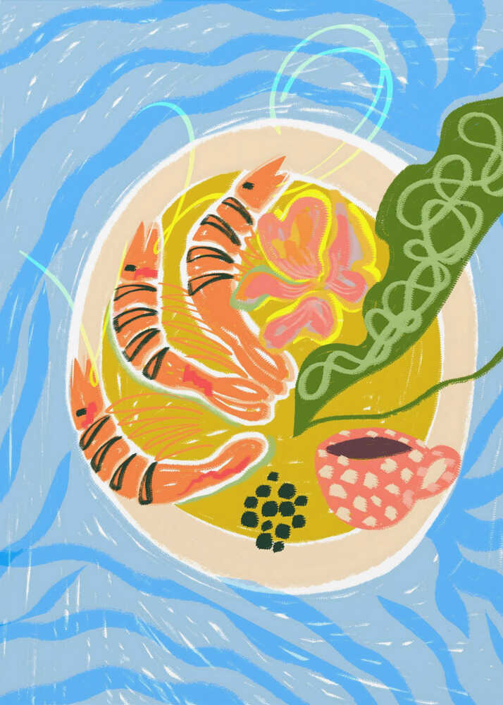 An artistic culinary poster featuring a textured illustration of a bowl of cooked shrimp and greens viewed from above, set against a flowing light blue wave pattern backdrop.