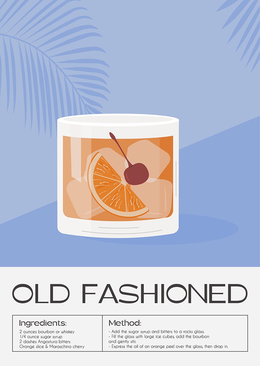 Stylish poster depicting an Old Fashioned cocktail in a short glass, complete with an orange slice and cherry garnish, set against a cool blue background with a palm leaf silhouette