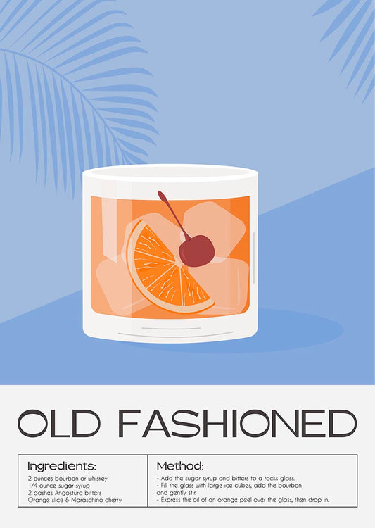 ヤシの葉のシルエットが描かれた涼しげなブルーを背景に、ショートグラスにオレンジスライスとチェリーのガーニッシュを添えたオールド・ファッションド・カクテルが描かれたスタイリッシュなポスター。