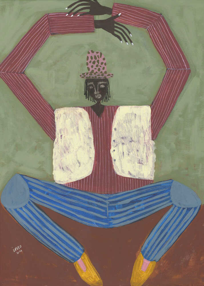 Studio Imo 'Open Up' art print, modern folk portrait featuring a figure in stripes and leopard print against an olive green background.