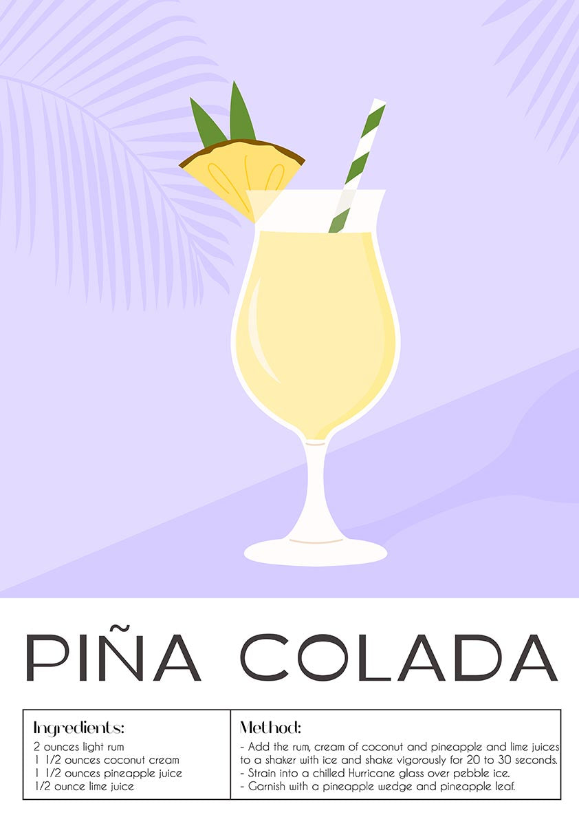Illustrative poster of a Piña Colada cocktail recipe, featuring a yellow cocktail in a hurricane glass with pineapple garnish, against a purple backdrop with palm leaf accents.