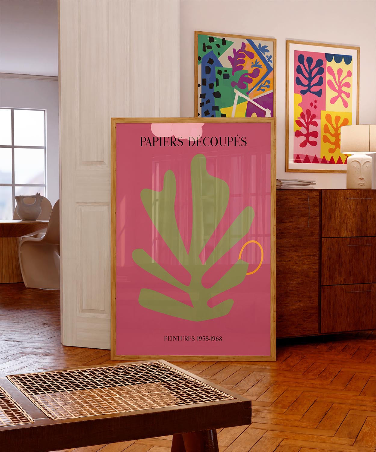 Art poster featuring Matisse-inspired 'Papiers Découpés – The Cut-Outs' in bold green shapes on a vibrant pink background, with 'PEINTURES 1958-1968' text, reflecting the tropical edition of his famed art series.