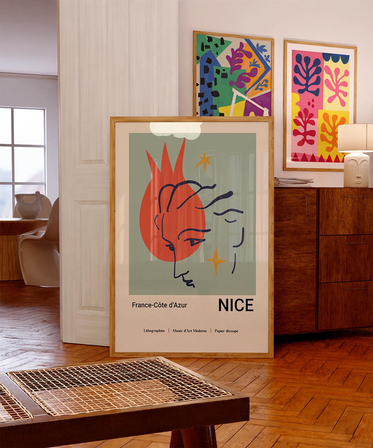 Stylized poster with 'Papiers Découpés' theme showcasing an abstract red figure against a sea-green background, with 'NICE France-Côte d'Azur' and references to the Musée d'Art Moderne and lithographies, reflecting Matisse's influential art style.