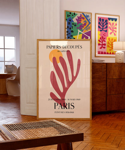 Poster featuring a bold red Matisse-inspired 'Papiers Découpés' design with a yellow circle accent, titled '06 SAINT-PAUL' for the 1968 Paris exhibition, set against a creamy background with 'PEINTURES 1958-1968' detailing the celebrated art period.