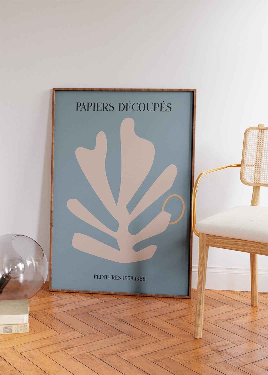 Art poster depicting Matisse-inspired 'Papiers Découpés – The Cut-Outs' in soft beige on a tranquil blue background, with 'PEINTURES 1958-1968' text, reflecting the serene and artistic nature of the work.
