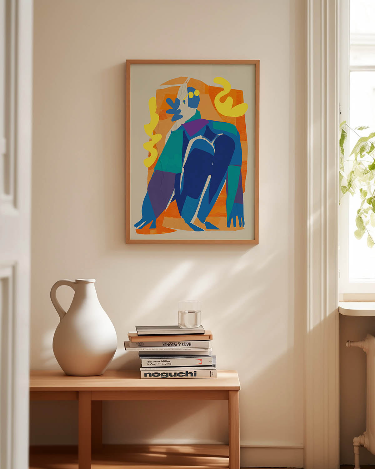 Abstract art poster with vibrant cutout shapes in blue, green, yellow, and orange, depicting a stylized figure in a dynamic pose against a muted background, perfect for modern home decor