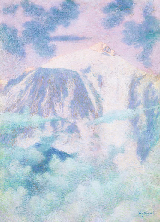 ルシアン・レヴィ＝ドゥルメールの「パステル・マウンテン」は、パステルカラーの柔らかな色彩で静謐な山々を描いている。