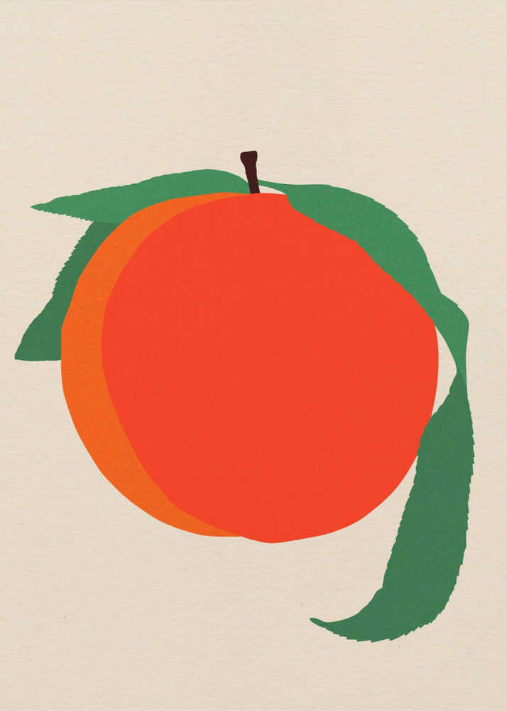 A minimalist graphic art print of a single large peach. The fruit is illustrated with bold, flat orange and red circles, topped with two vibrant green leaves and a small brown stem, set against a textured light cream background.