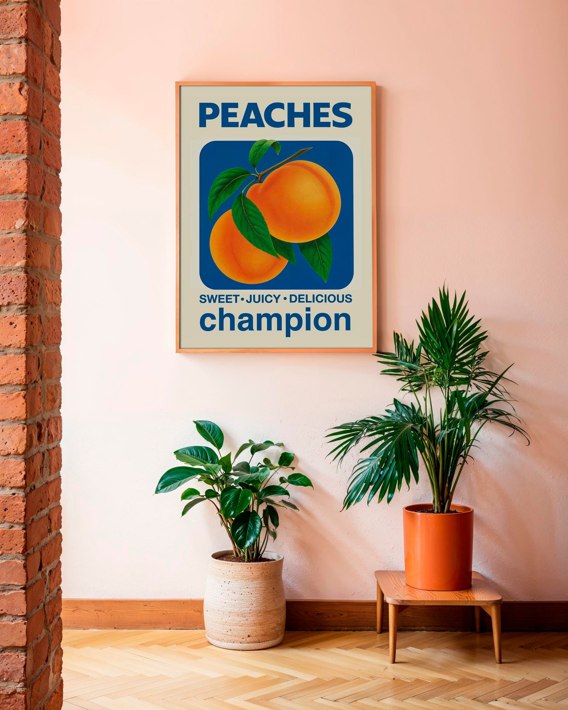 Vintage-style poster featuring two ripe peaches with green leaves on a blue background. Bold text reads "PEACHES" at the top and "SWEET • JUICY • DELICIOUS champion" at the bottom.