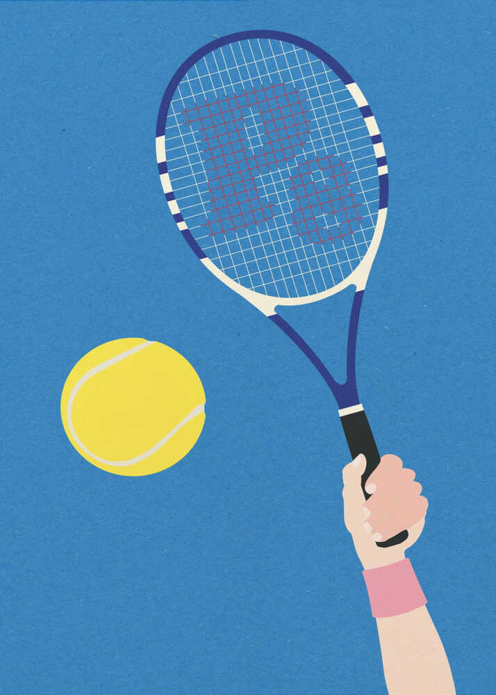 A minimalist graphic art print titled Perfect Serve. The illustration features a hand with a pink wristband holding a blue and white tennis racket, reaching for a yellow tennis ball. The racket strings feature a subtle "PZ" logo, all set against a textured, vibrant blue background in a flat-color geometric style.
