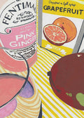 A colorful pop-art style illustration of a kitchen still life featuring a bottle of Fentimans Pink Ginger soda, a yellow can of grapefruit in light syrup, and a whole mango on a yellow and white striped surface.