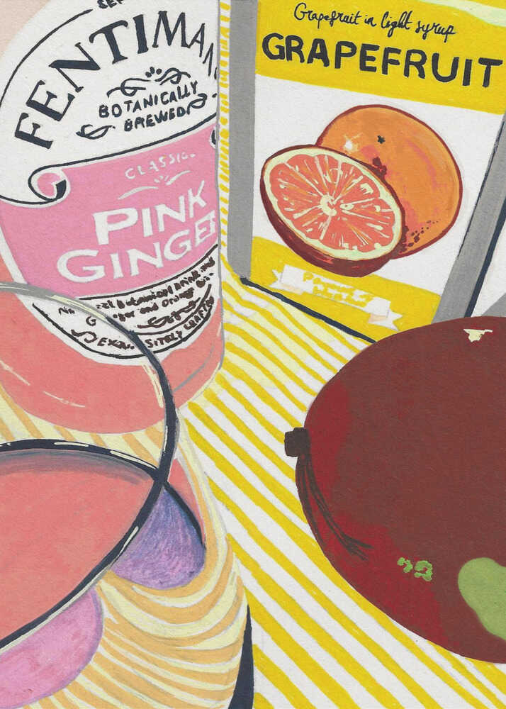A colorful pop-art style illustration of a kitchen still life featuring a bottle of Fentimans Pink Ginger soda, a yellow can of grapefruit in light syrup, and a whole mango on a yellow and white striped surface.