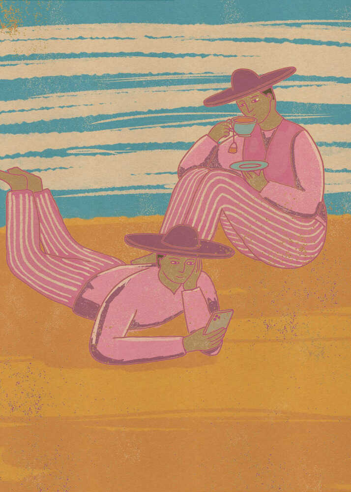 Vintage-style illustration of two figures in striped trousers and wide-brimmed hats relaxing with coffee and a phone.