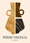 Modern abstract poster titled 'Poésie Visuelle' showcasing geometric patterns in earthy tones, emphasizing on a combination of texture-like and striped designs.
