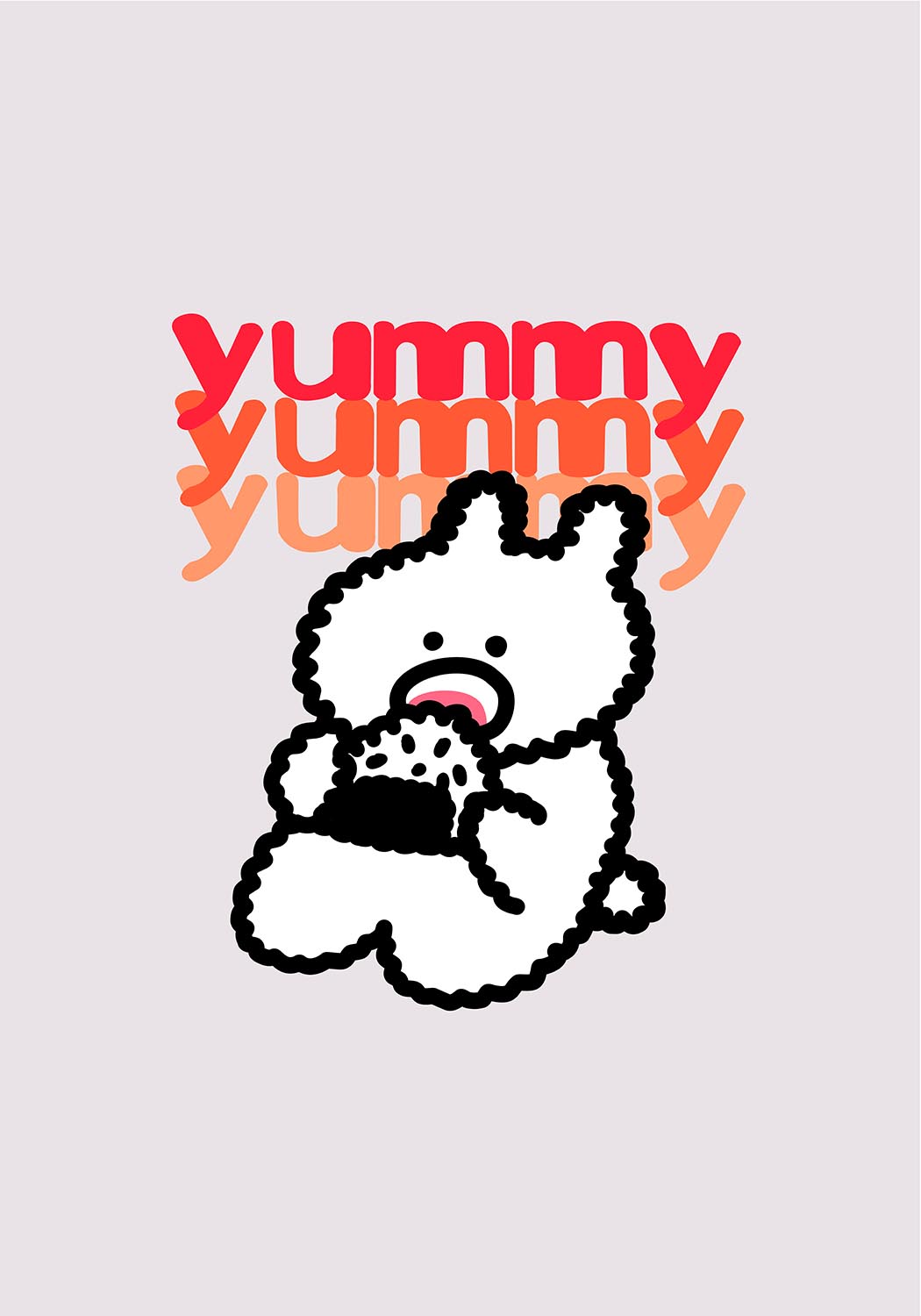 Cute cartoon bunny eating sushi with the word "yummy" repeated above in bold red and orange letters.