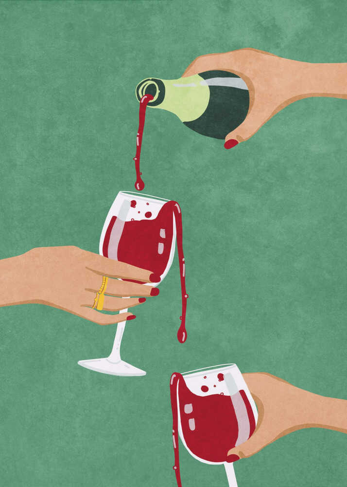 Illustration of three hands toasting with red wine glasses on a textured dark green background. Contemporary flat-style art with gold jewelry details. "Cheers Girls" wall art by Raissa Oltmanns.