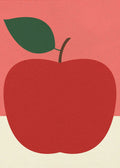 A minimalist graphic art print of a large red apple. The apple is a solid deep red with a brown stem and one green leaf, set against a background split horizontally into a pink upper half and a cream lower half with a subtle paper texture.
