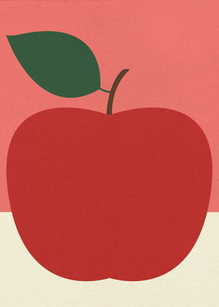 A minimalist graphic art print of a large red apple. The apple is a solid deep red with a brown stem and one green leaf, set against a background split horizontally into a pink upper half and a cream lower half with a subtle paper texture.