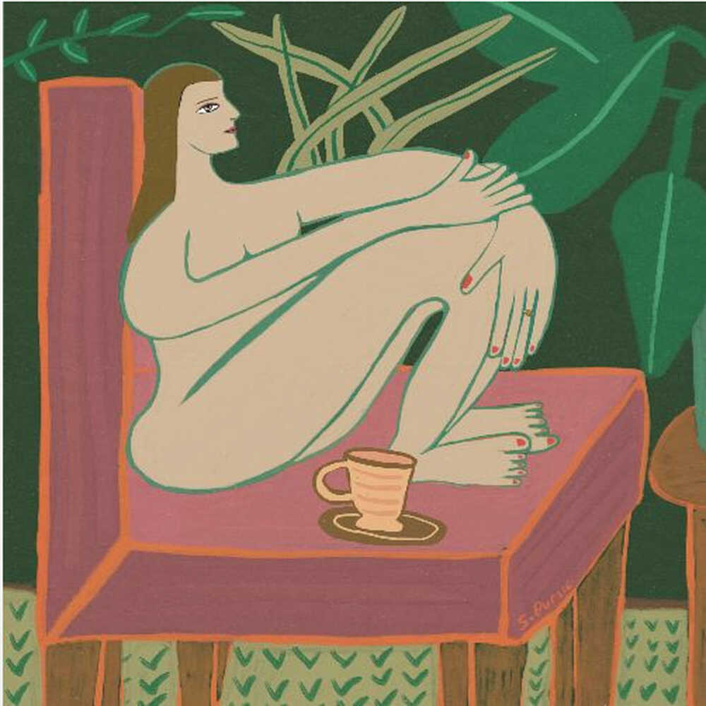 Modern minimalist illustration of a nude woman sitting on a mauve chair hugging her knees next to a coffee cup, set against a dark green botanical background with houseplants.