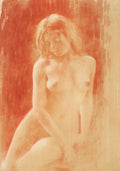Sepia-toned impressionistic painting of a nude woman with soft features, looking downward with a serene expression, blending into a textured reddish-brown and beige background.