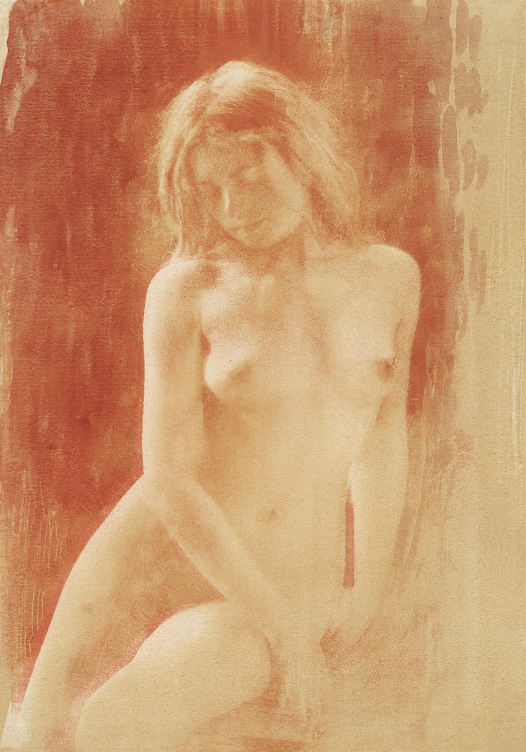 Sepia-toned impressionistic painting of a nude woman with soft features, looking downward with a serene expression, blending into a textured reddish-brown and beige background.