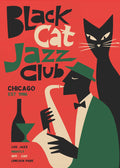 Minimalist mid-century modern style graphic poster for the "Black Cat Jazz Club" in Chicago. The design features a stylized black cat with white whiskers, a silhouette of a musician playing a saxophone in a forest green jacket and fedora, and a wine bottle with a glass against a vibrant coral-red background.
