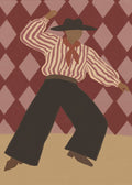 Retro Dance Character by The Art Concept, depicting a dancing figure in a striped blouse, wide black trousers and hat against a burgundy diamond-patterned background.
