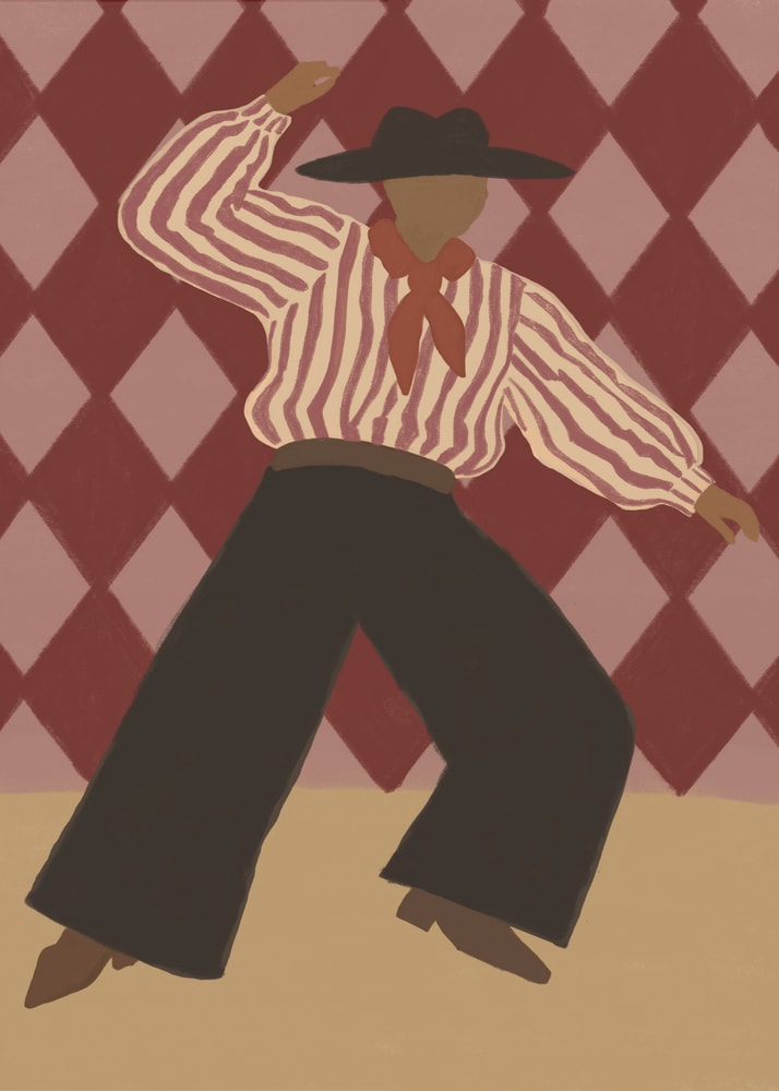 Retro Dance Character by The Art Concept, depicting a dancing figure in a striped blouse, wide black trousers and hat against a burgundy diamond-patterned background.