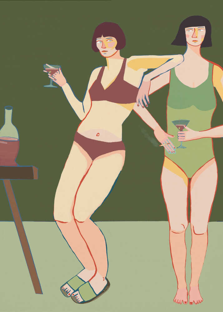 A graphic, minimalist illustration by Sharyn Bursic featuring two stylized figures in swimwear against a dark olive green background. The figure on the left wears a brown two-piece swimsuit and slides, holding a cocktail glass. The figure on the right wears a light green one-piece swimsuit and holds a cocktail glass, with one arm resting on the other's shoulder. A small table with a glass decanter is visible on the far left. The artwork features flat colors, bold outlines, and a mid-century modern aesthetic