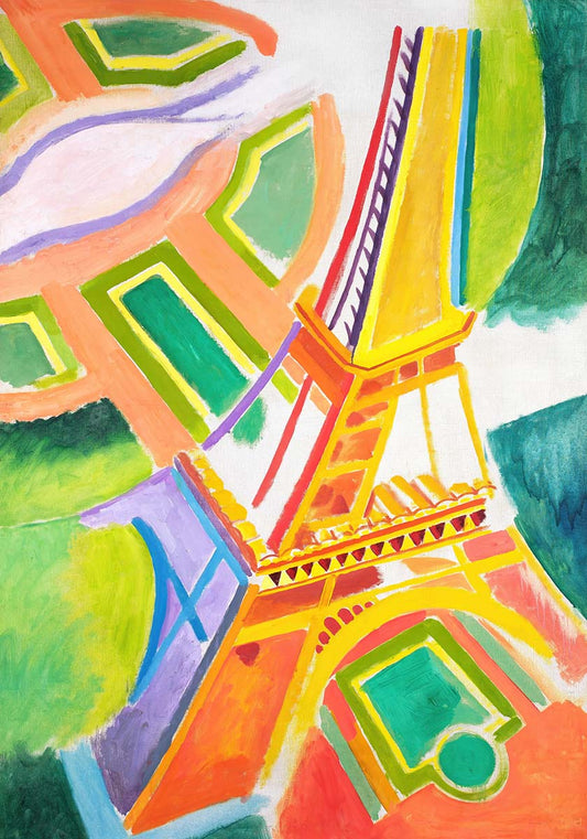 明るく鮮やかな色彩と幾何学的な形で構成されたエッフェル塔をモチーフにした、ロベール・ドローネによる抽象的なアートワーク。