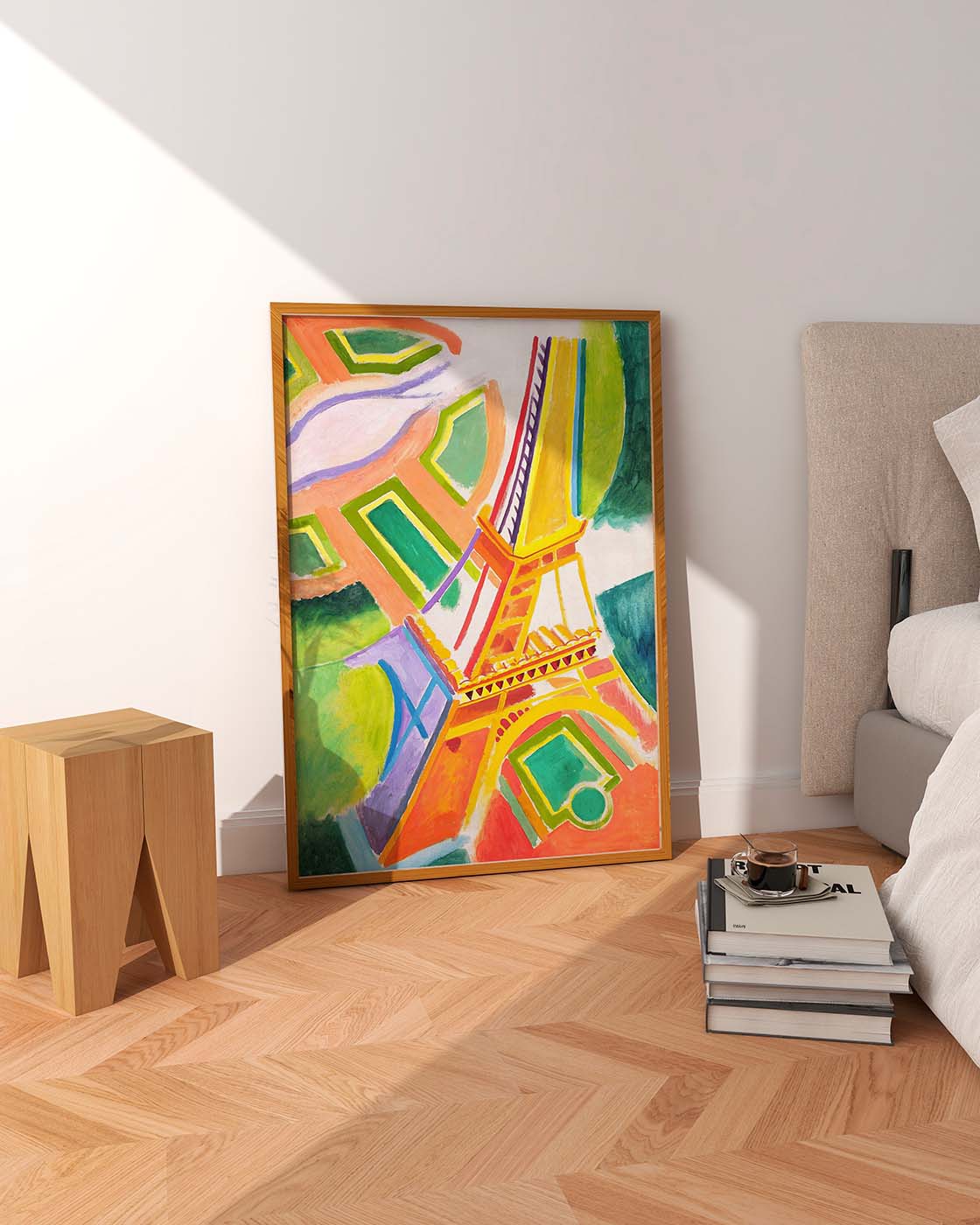 Abstract artwork by Robert Delaunay featuring the Eiffel Tower composed of bright, vivid colors and geometric shapes