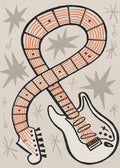 Rock and Roll Ampersand poster by Sophia Holgate featuring a stylised electric guitar with orange strings, black outlines and grey star motifs.