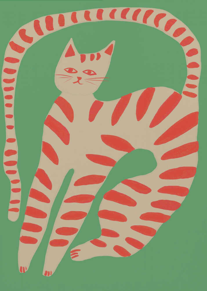 Striped Cat Stretching by The Art Concept, featuring a beige cat with coral-red stripes on a muted green background.