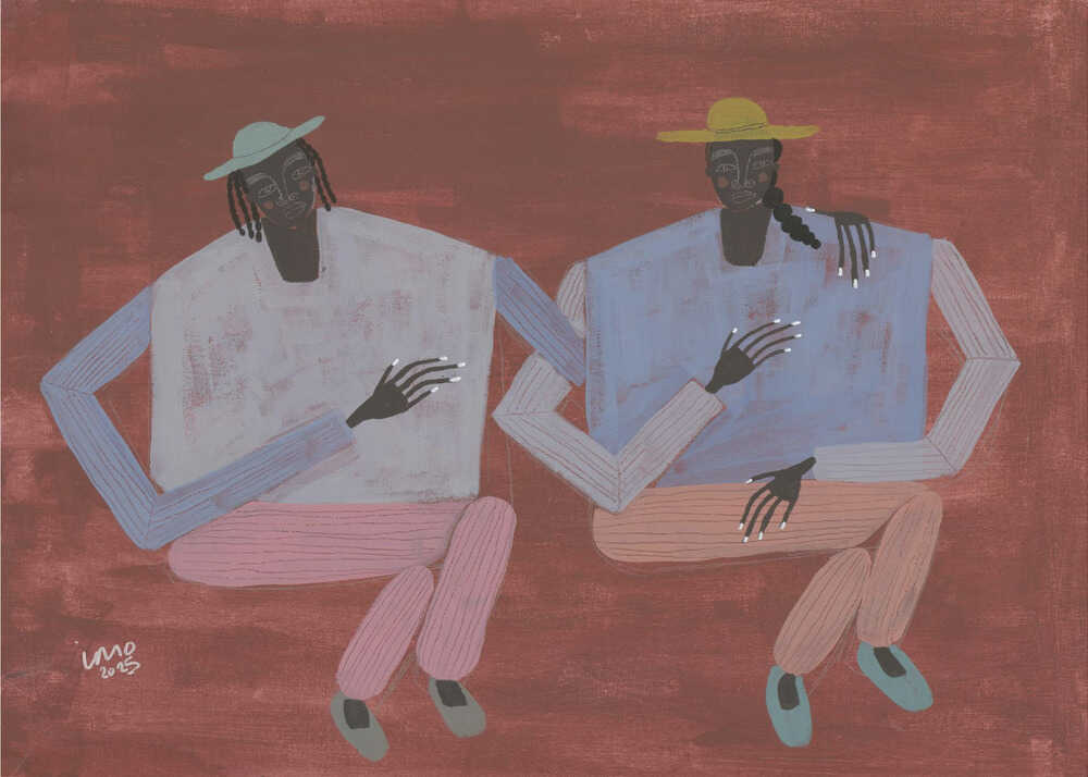 Studio Imo 'Better With You' art print, horizontal modern folk portrait of two figures in blue and lilac against a mahogany background.