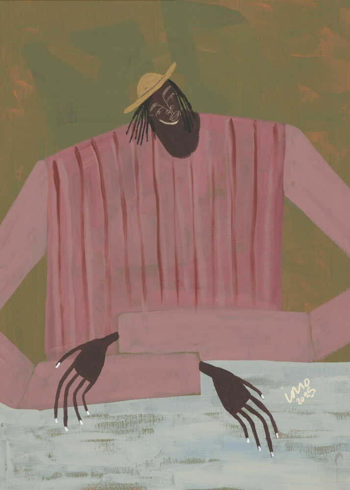 Studio Imo 'For Now I Don't Know' art print, contemporary folk portrait featuring a figure in pink and olive green tones.