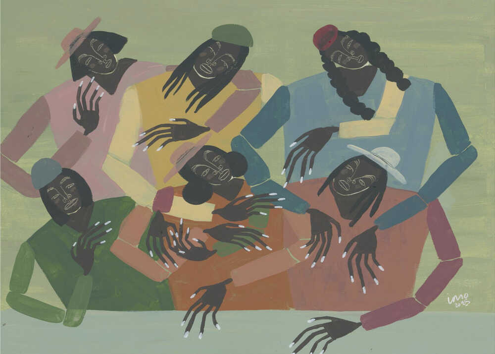 Studio Imo 'Gossip' art print, horizontal modern folk illustration of a group of people in colorful attire and earthy tones.