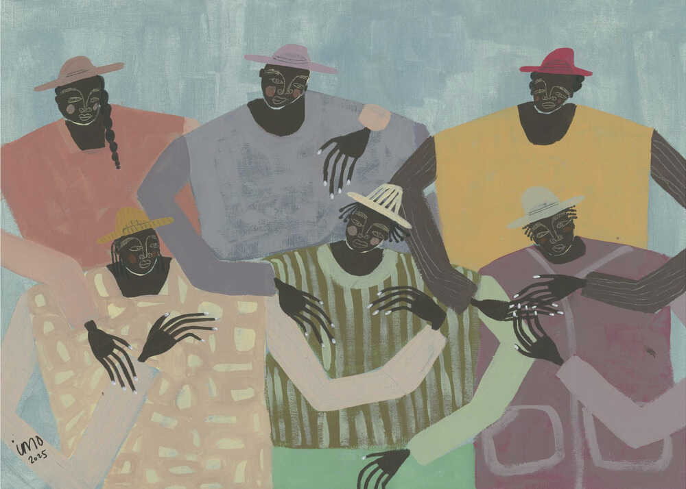 Studio Imo art print, horizontal group portrait featuring modern folk style characters in mustard yellow, blue, and rose tones.