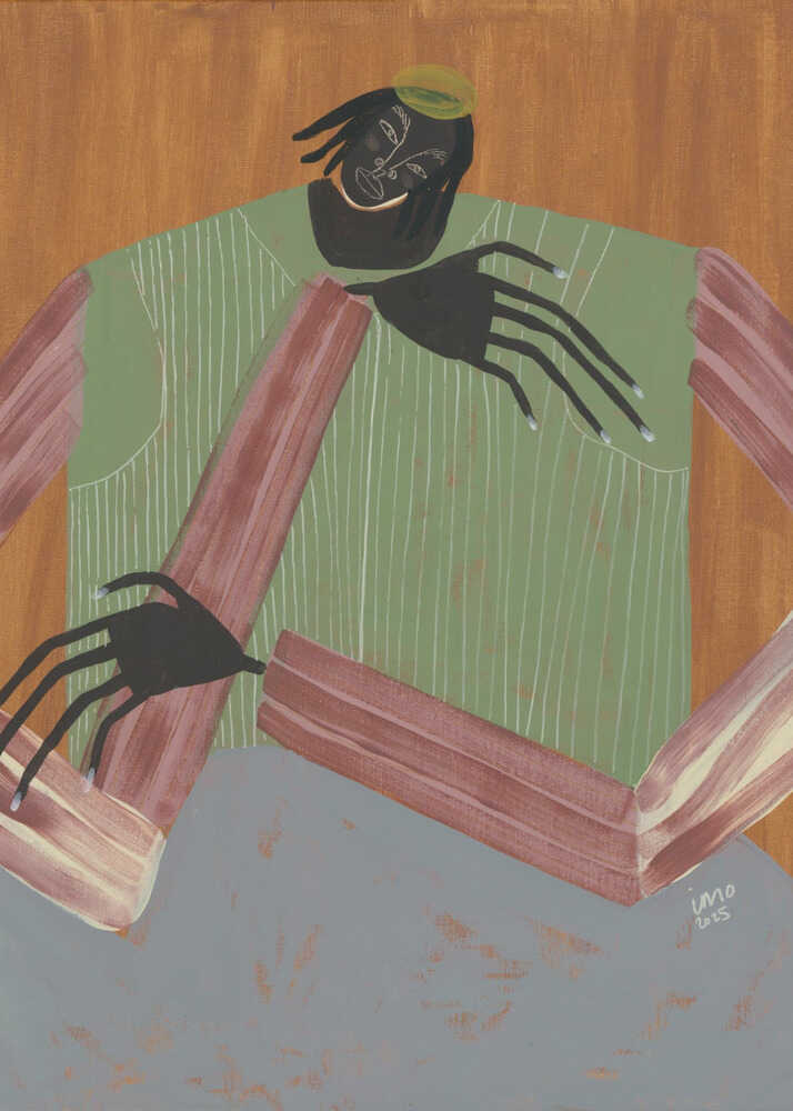 Studio Imo 'No Place to Be' art print, modern folk portrait featuring a figure in pinstripes and earthy tones of green and burgundy.