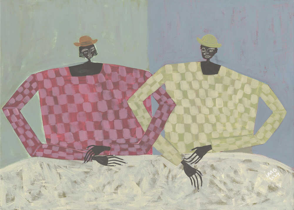 Studio Imo 'Opposites' art print, contemporary folk portrait with two figures in berry and green checkerboard patterns.