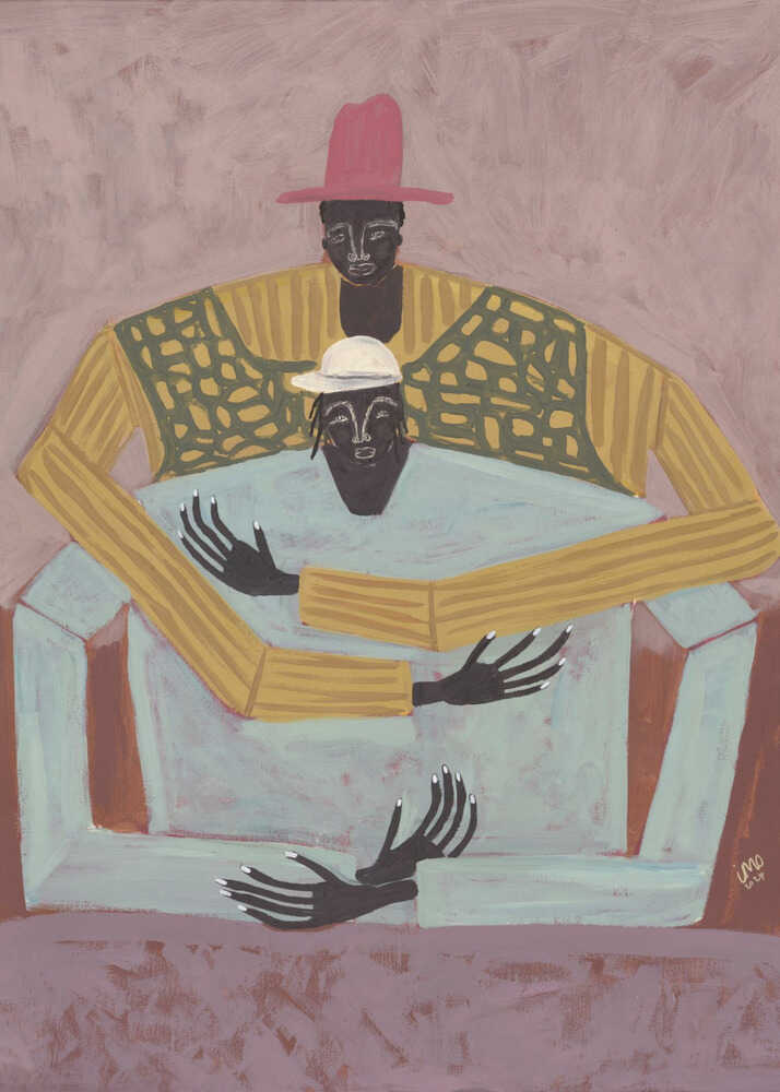 Studio Imo 'The Hug' art print, contemporary folk portrait of two figures embracing in blue and yellow tones.