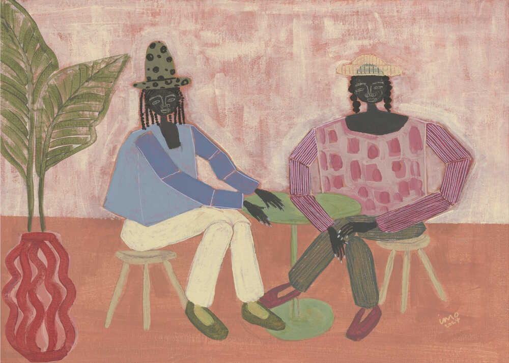 Studio Imo 'With a Friend' art print, modern folk illustration of two people at a cafe with a large plant and terracotta vase.