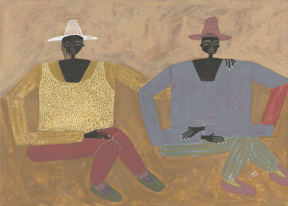 Studio Imo 'Still, Together' art print, horizontal contemporary folk portrait of two figures in earthy tones and pinstripes.