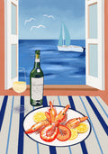 An illustrated poster of a seaside dining scene featuring a plate of prawns and lemon slices on a striped tablecloth, a bottle and glass of white wine, and an open window revealing a sailboat on a calm blue sea with seagulls flying above