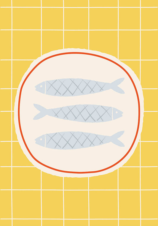 Three stylized sardines on a plate illustration, against a yellow-tiled background for kitchen decor poster