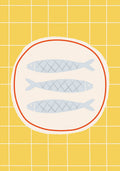 Three stylized sardines on a plate illustration, against a yellow-tiled background for kitchen decor poster