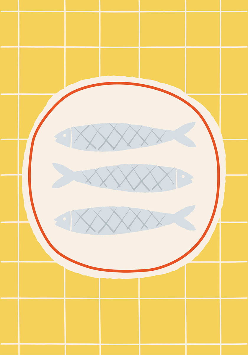 Three stylized sardines on a plate illustration, against a yellow-tiled background for kitchen decor poster