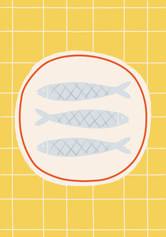 Three stylized sardines on a plate illustration, against a yellow-tiled background for kitchen decor poster