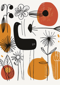 Scandinavian-style abstract poster with bird and floral line art in terracotta and ochre tones